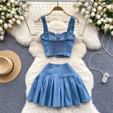 Retro Fashion Design sense Short Strap Vest and Denim Skirt Two-piece Set HZ1024
