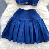 Retro Fashion Design sense Short Strap Vest and Denim Skirt Two-piece Set HZ1024