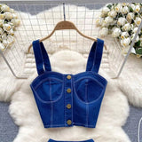 Retro Fashion Design sense Short Strap Vest and Denim Skirt Two-piece Set HZ1024