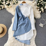 New Irregular Design Long Sleeve Shirt Patchwork Denim Style Dress HZ1024