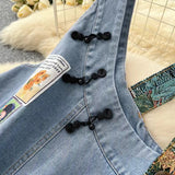 New Design Interesting Printed Literary Retro Denim Suspenders Loose Dress HZ1024