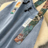 New Design Interesting Printed Literary Retro Denim Suspenders Loose Dress HZ1024