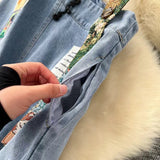 New Design Interesting Printed Literary Retro Denim Suspenders Loose Dress HZ1024