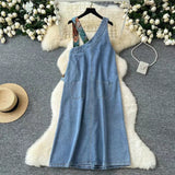 New Design Interesting Printed Literary Retro Denim Suspenders Loose Dress HZ1024