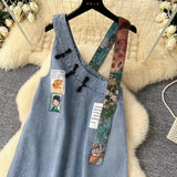 New Design Interesting Printed Literary Retro Denim Suspenders Loose Dress HZ1024