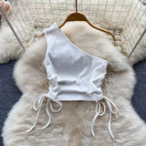 New Fashion Irregular Strap Waistcoat With Raw Edge Denim Skirt Two-piece Set HZ1024