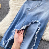 New Fashion Irregular Strap Waistcoat With Raw Edge Denim Skirt Two-piece Set HZ1024