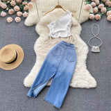 New Fashion Irregular Strap Waistcoat With Raw Edge Denim Skirt Two-piece Set HZ1024