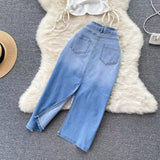 New Fashion Irregular Strap Waistcoat With Raw Edge Denim Skirt Two-piece Set HZ1024