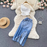 New Fashion Irregular Strap Waistcoat With Raw Edge Denim Skirt Two-piece Set HZ1024