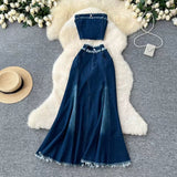 Fashion Sexy Sleeveless Tank Top High Waisted Fishtail Denim Skirt Two-piece Set HZ1024