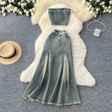 Fashion Sexy Sleeveless Tank Top High Waisted Fishtail Denim Skirt Two-piece Set HZ1024