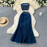 Fashion Sexy Sleeveless Tank Top High Waisted Fishtail Denim Skirt Two-piece Set HZ1024