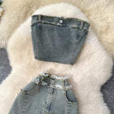 Fashion Sexy Sleeveless Tank Top High Waisted Fishtail Denim Skirt Two-piece Set HZ1024