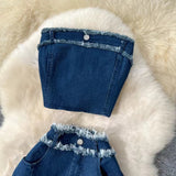Fashion Sexy Sleeveless Tank Top High Waisted Fishtail Denim Skirt Two-piece Set HZ1024