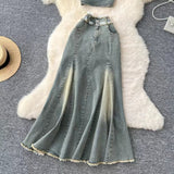 Fashion Sexy Sleeveless Tank Top High Waisted Fishtail Denim Skirt Two-piece Set HZ1024