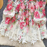 Palace Style Printed Lantern Sleeve V-neck Hollow Hook Embroidery Light Luxury Temperament A-line Dress HZ1024