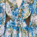 Palace Style Printed Lantern Sleeve V-neck Hollow Hook Embroidery Light Luxury Temperament A-line Dress HZ1024