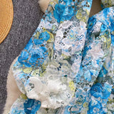 Palace Style Printed Lantern Sleeve V-neck Hollow Hook Embroidery Light Luxury Temperament A-line Dress HZ1024