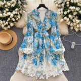 Palace Style Printed Lantern Sleeve V-neck Hollow Hook Embroidery Light Luxury Temperament A-line Dress HZ1024