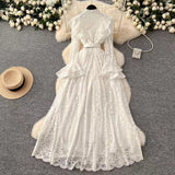 New Vintage Cuff Design Single-breasted High-waisted Lace Embroidery Dress HZ1024