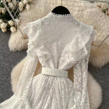 New Vintage Cuff Design Single-breasted High-waisted Lace Embroidery Dress HZ1024