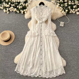 New Vintage Cuff Design Single-breasted High-waisted Lace Embroidery Dress HZ1024