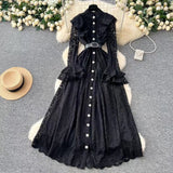 New Vintage Cuff Design Single-breasted High-waisted Lace Embroidery Dress HZ1024