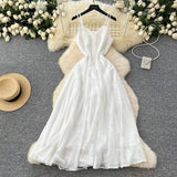 Fashion French High Sense V-neck High Waist Slimming Embroidery White Spaghetti Strap Dress HZ1024