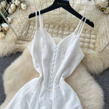 Fashion French High Sense V-neck High Waist Slimming Embroidery White Spaghetti Strap Dress HZ1024