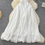 Fashion French High Sense V-neck High Waist Slimming Embroidery White Spaghetti Strap Dress HZ1024