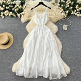 Fashion French High Sense V-neck High Waist Slimming Embroidery White Spaghetti Strap Dress HZ1024