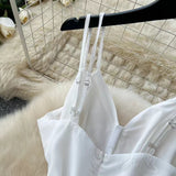 Fashion French High Sense V-neck High Waist Slimming Embroidery White Spaghetti Strap Dress HZ1024