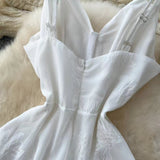 Fashion French High Sense V-neck High Waist Slimming Embroidery White Spaghetti Strap Dress HZ1024