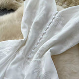 Fashion French High Sense V-neck High Waist Slimming Embroidery White Spaghetti Strap Dress HZ1024