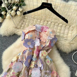 Fashion Summer Three-dimensional Flower Embroidery Waist Slimming Spaghetti Strap Dress HZ1024