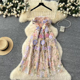 Fashion Summer Three-dimensional Flower Embroidery Waist Slimming Spaghetti Strap Dress HZ1024