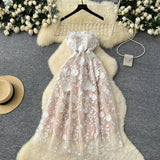 Fashion Summer Three-dimensional Flower Embroidery Waist Slimming Spaghetti Strap Dress HZ1024