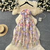 Fashion Summer Three-dimensional Flower Embroidery Waist Slimming Spaghetti Strap Dress HZ1024