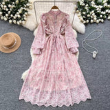 New Hollow Embroidery Round Neck Long Sleeve High Waist Slim Elegant Dress HZ1024