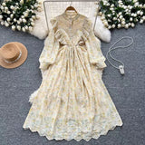 New Hollow Embroidery Round Neck Long Sleeve High Waist Slim Elegant Dress HZ1024