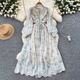 New Hollow Embroidery Round Neck Long Sleeve High Waist Slim Elegant Dress HZ1024