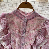 New Hollow Embroidery Round Neck Long Sleeve High Waist Slim Elegant Dress HZ1024