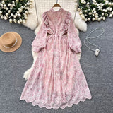 New Hollow Embroidery Round Neck Long Sleeve High Waist Slim Elegant Dress HZ1024