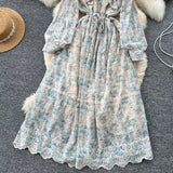 New Hollow Embroidery Round Neck Long Sleeve High Waist Slim Elegant Dress HZ1024