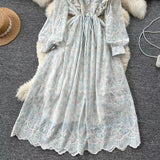 New Hollow Embroidery Round Neck Long Sleeve High Waist Slim Elegant Dress HZ1024