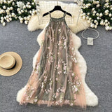 Simple Floral Embroidery Slimming Mesh Dress HZ1024