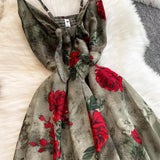 New Women Simple Fashion Spaghetti Strap High Waist Floral Dress HZ1024