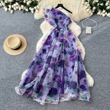 Elegant Diagonal Shoulder Three-dimensional Lace Printed Floral Mesh Dress HZ1024