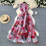 Elegant Diagonal Shoulder Three-dimensional Lace Printed Floral Mesh Dress HZ1024